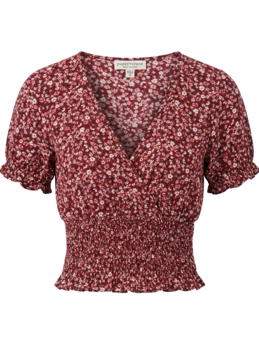 Paper Crane Burgundy Ditsy Floral Smocked Wrap Top